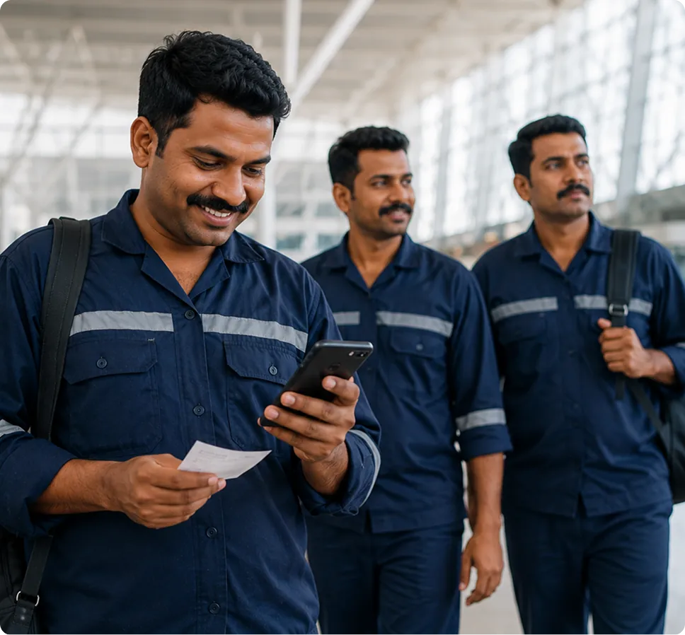 Field technician smiling while reviewing a receipt on a smartphone in a bright airport terminal