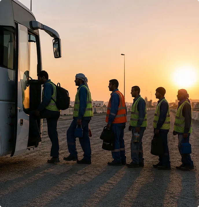 Workers in high-visibility vests boarding a bus at an industrial work site during sunset