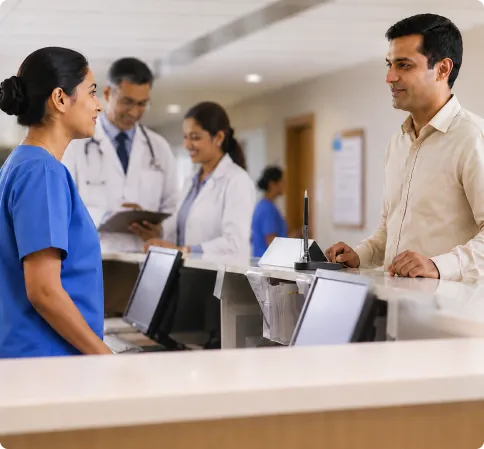 Receptionist assisting a visitor with appointment booking at a workplace front desk