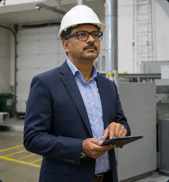 Facility administrator in a hard hat reviewing operations on-site