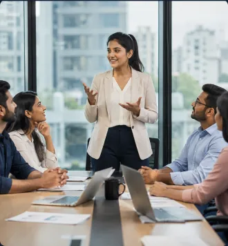 Leadership team in a meeting room reviewing workplace operations
