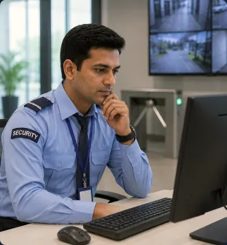 Security professional monitoring visitor entry from a control desk