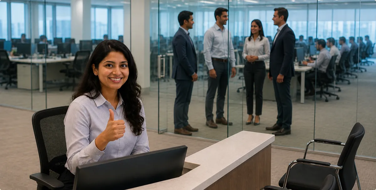 Receptionist giving a thumbs up at a front desk with colleagues in a modern office lobby