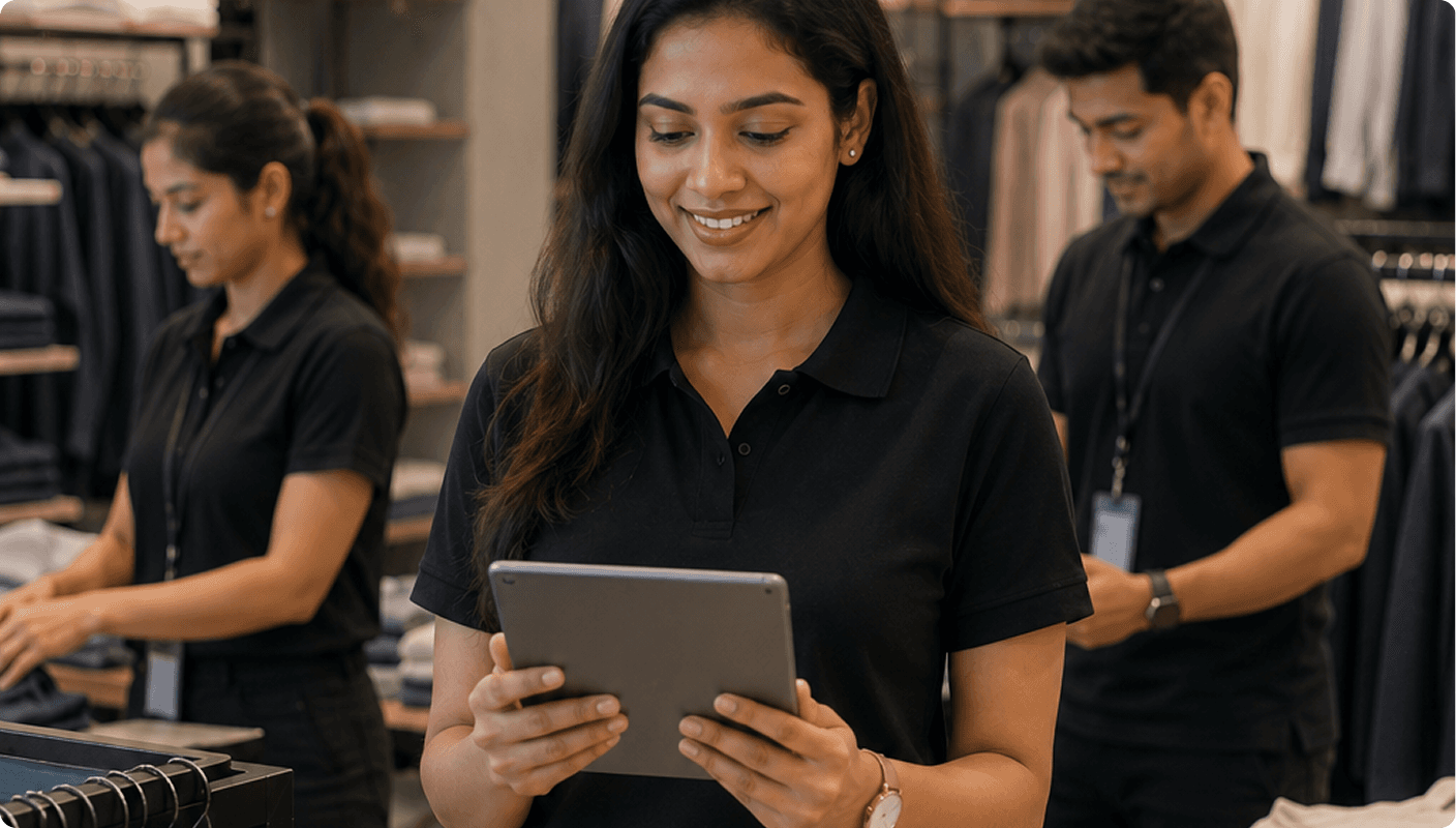 Retail team using workforce management software on a tablet in a store