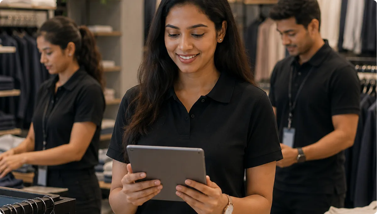 Retail team using workforce management software on a tablet in a store
