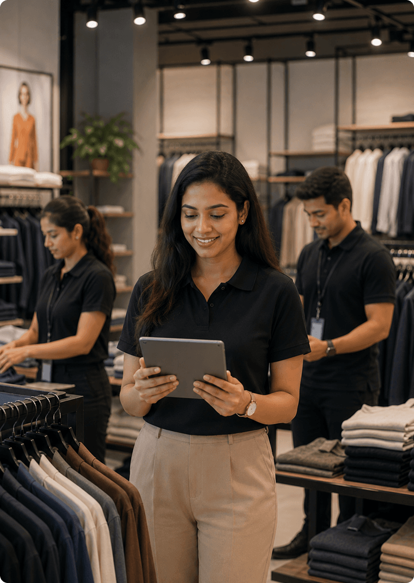 Retail team using workforce management software on a tablet in a store