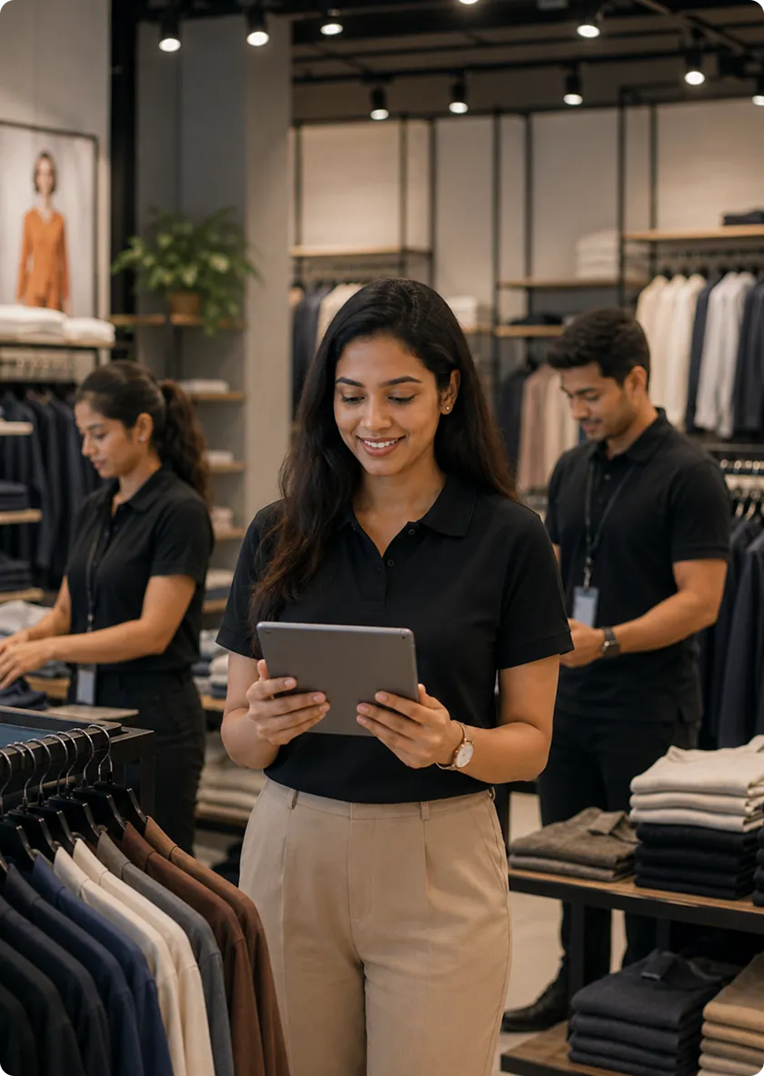 Retail team using workforce management software on a tablet in a store