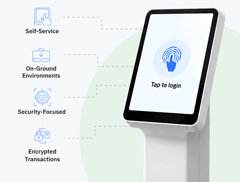 Self-service kiosk for on-ground environments with secure tap-to-login access