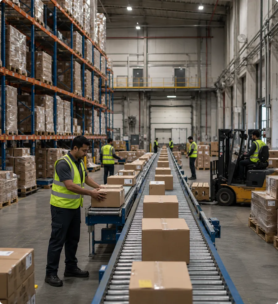 Workers managing inventory on a conveyor belt in a large warehouse facility