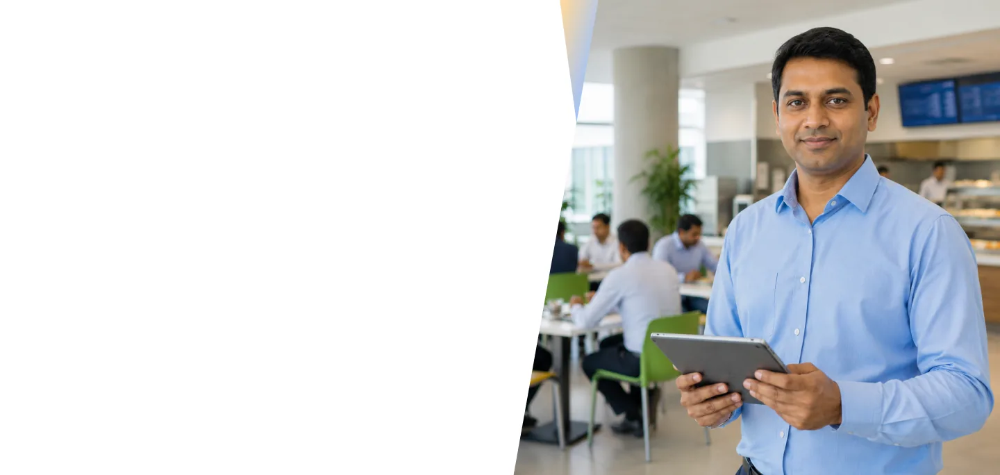 Employee holding a tablet in a modern corporate canteen with colleagues dining in the background