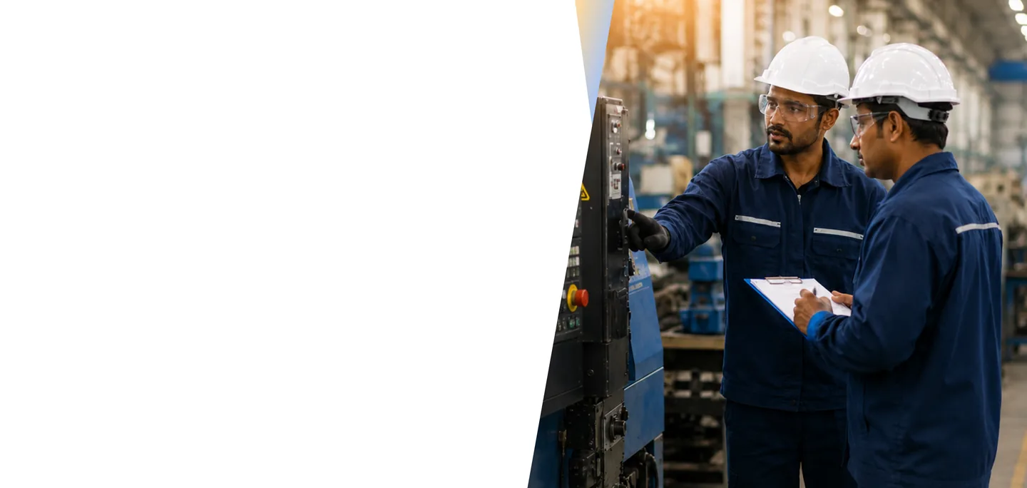 Two supervisors in safety helmets reviewing a checklist beside machinery on a factory floor