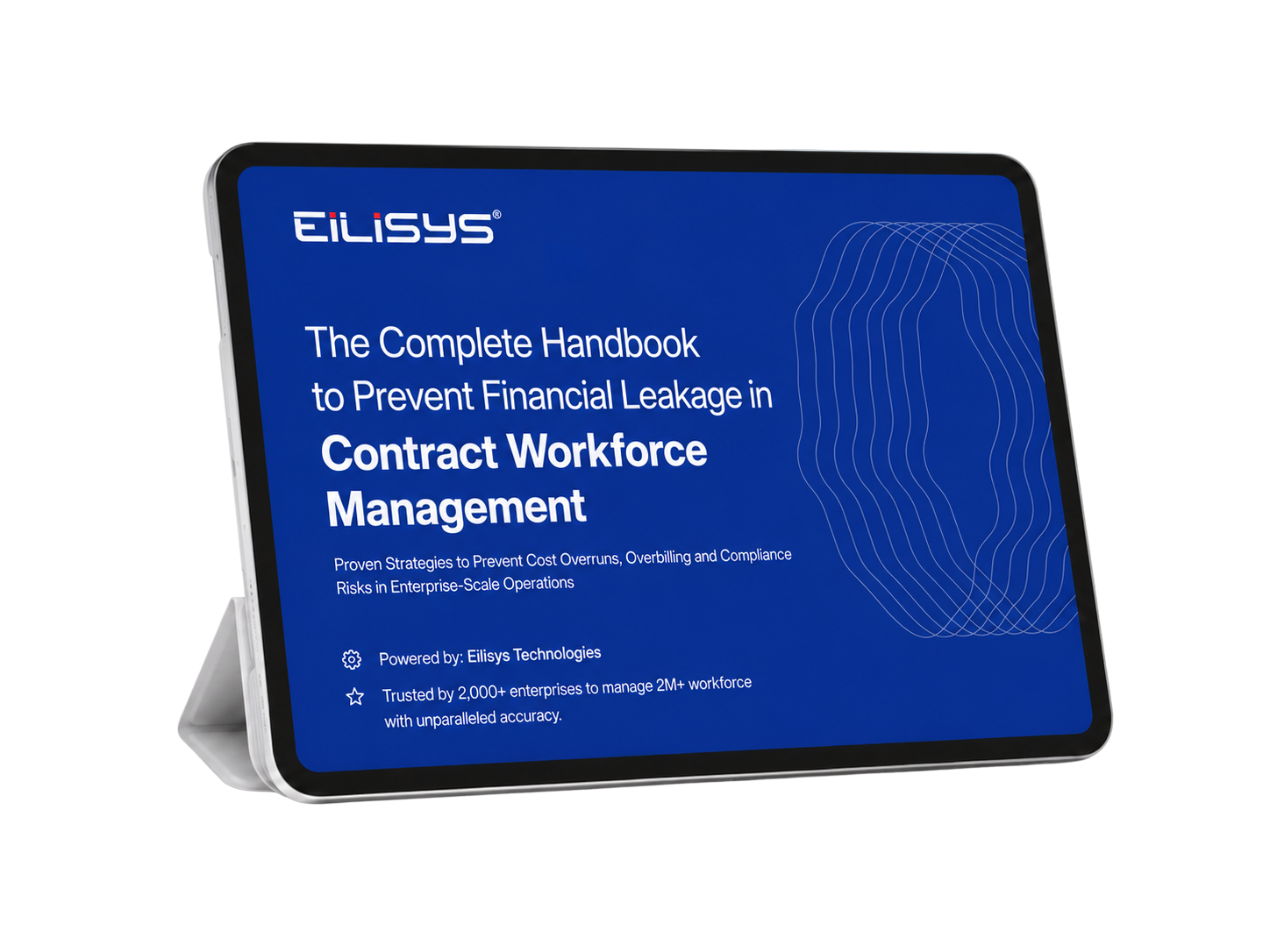 Tablet displaying the Eilisys guide cover for reducing financial leakage in contract workforce management