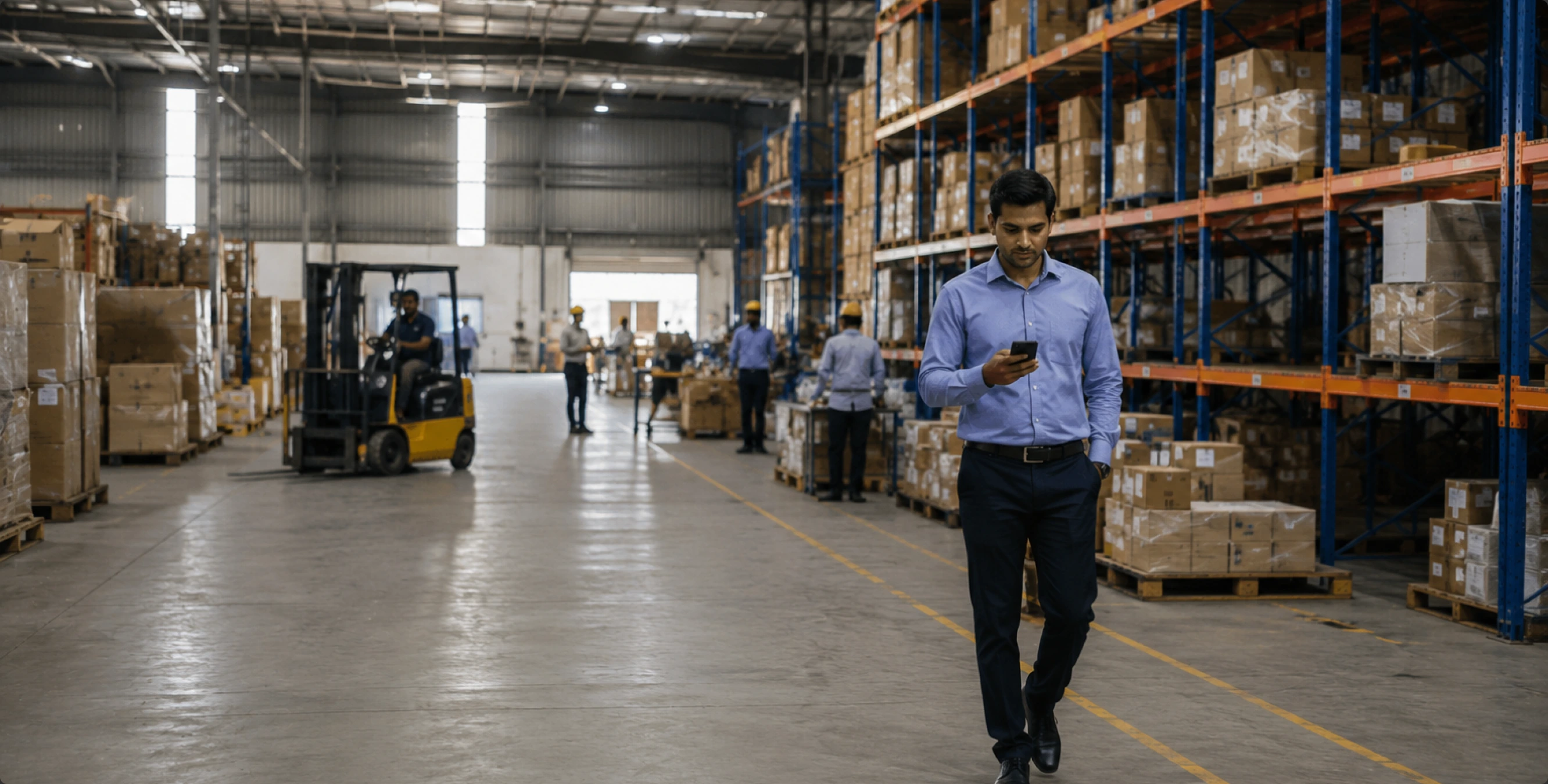 Warehouse manager using a smartphone to oversee workforce operations