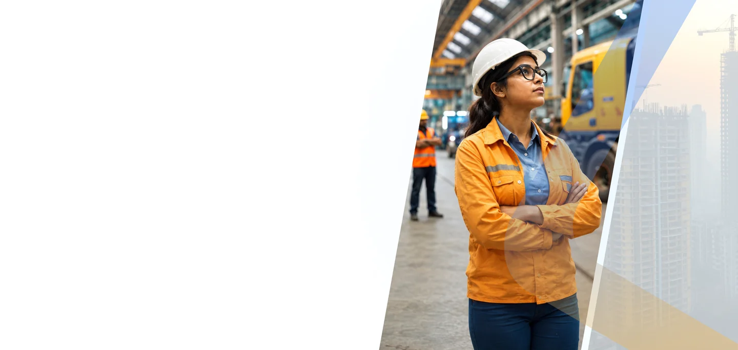 Industrial professional in safety gear at a warehouse and construction site