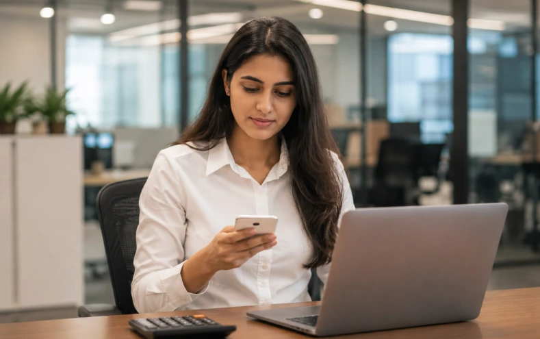 Payroll professional reviewing figures on a phone at her desk with a laptop and calculator