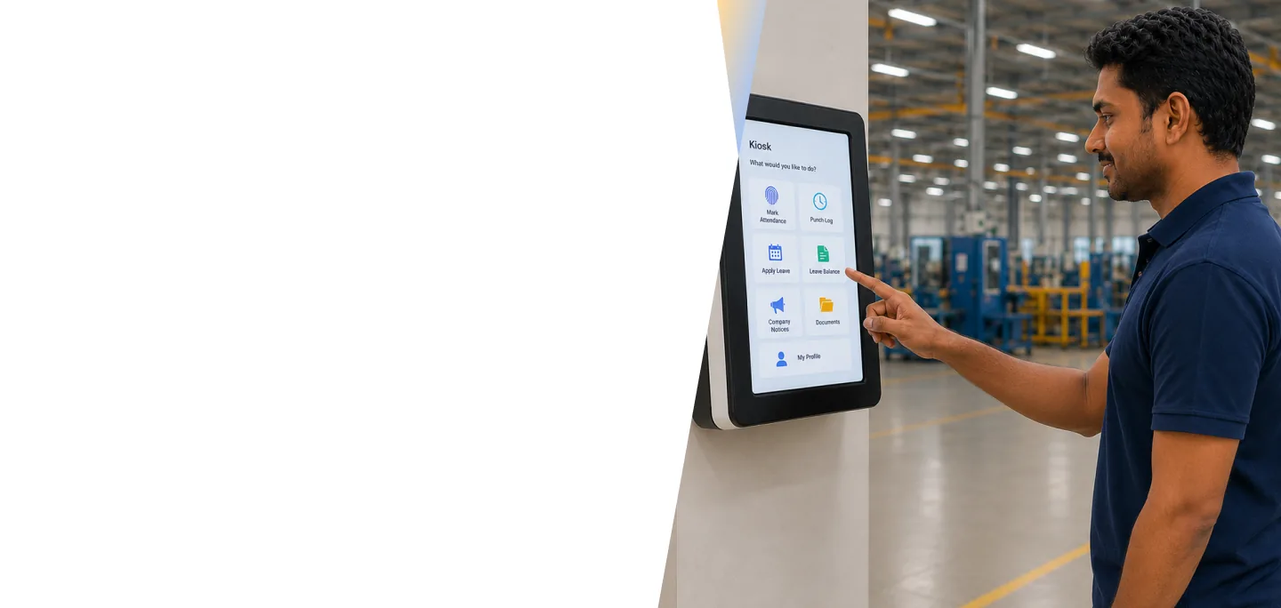 Employee using a wall-mounted kiosk to access leave balance in an industrial workplace