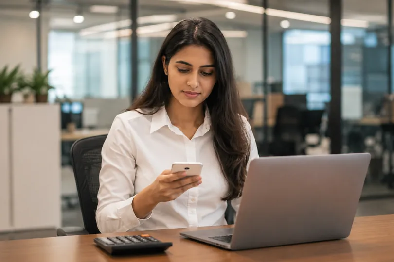 Payroll team member reviewing employee records on a laptop