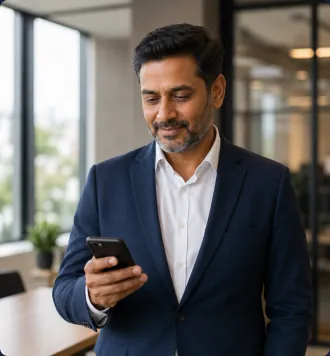 Business leader reviewing workforce updates on a smartphone in a modern office