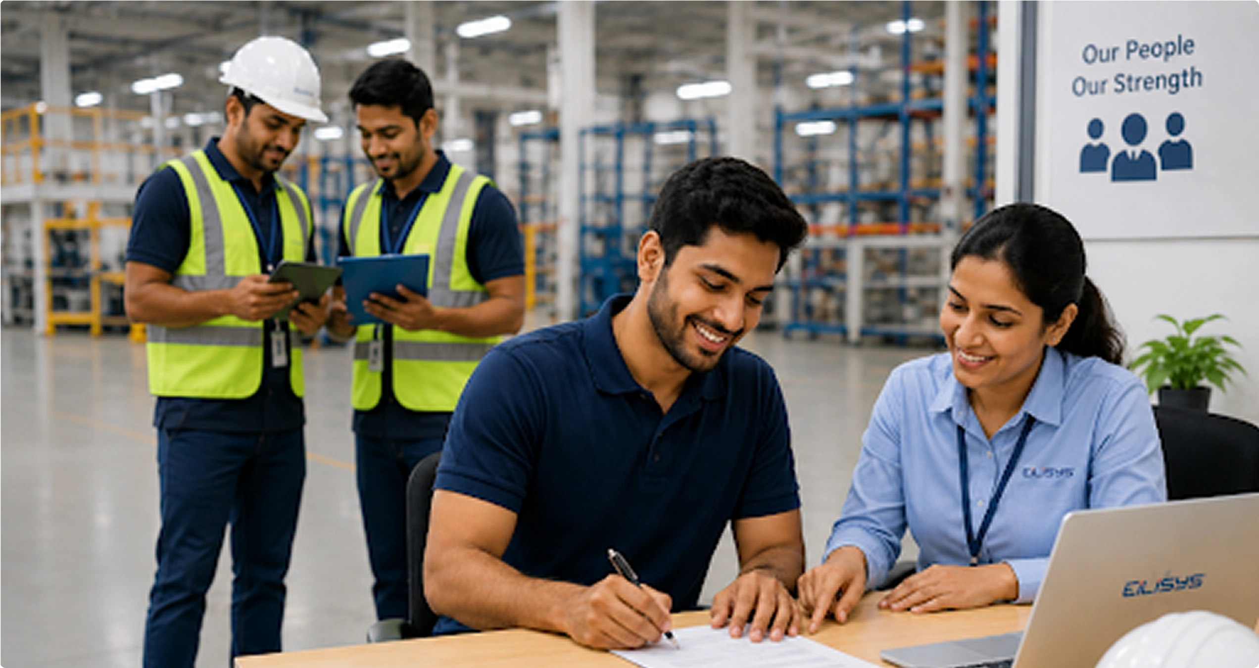 Onboarding team helping an employee complete paperwork on a manufacturing floor