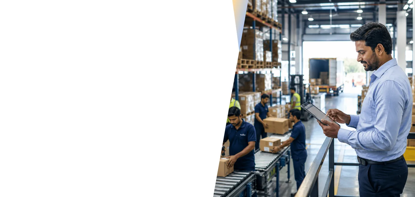 Warehouse supervisor with a tablet reviewing operations with team members on a production floor