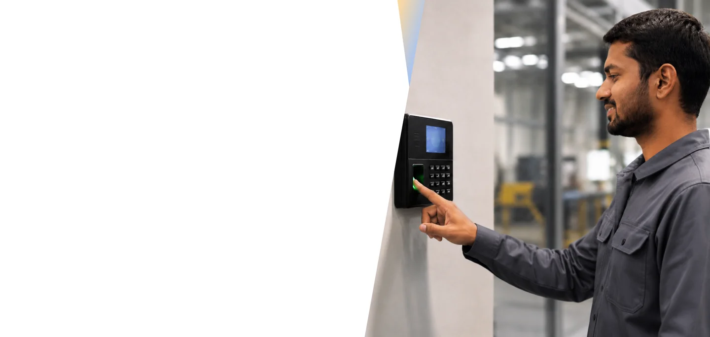 Worker using a wall-mounted biometric fingerprint scanner at an industrial facility