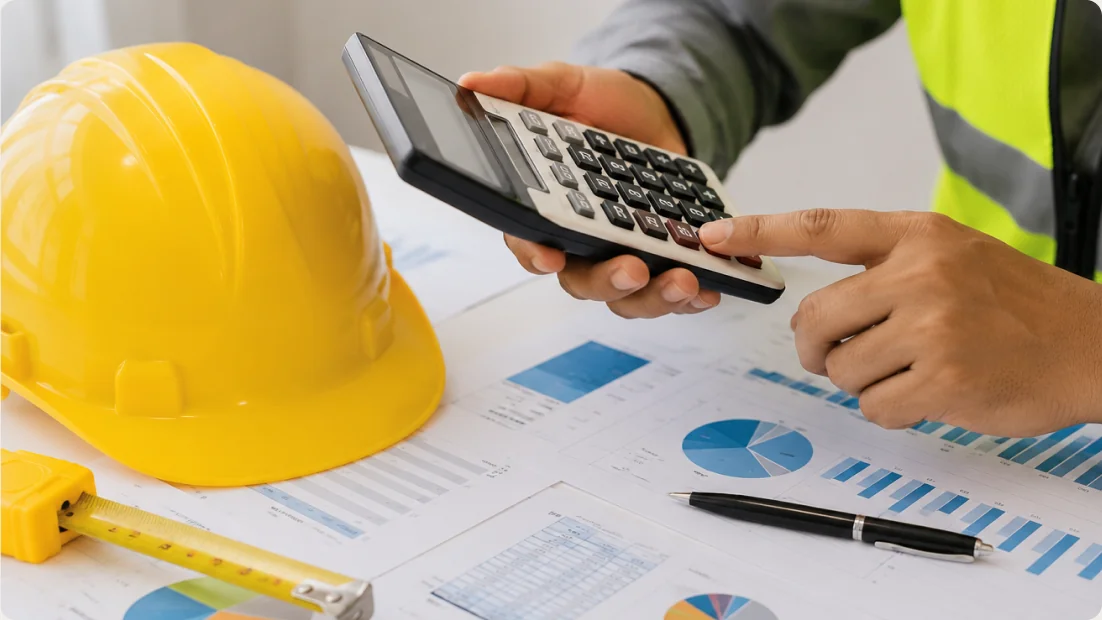 Workforce professional in a safety vest using a calculator and tablet over technical blueprints