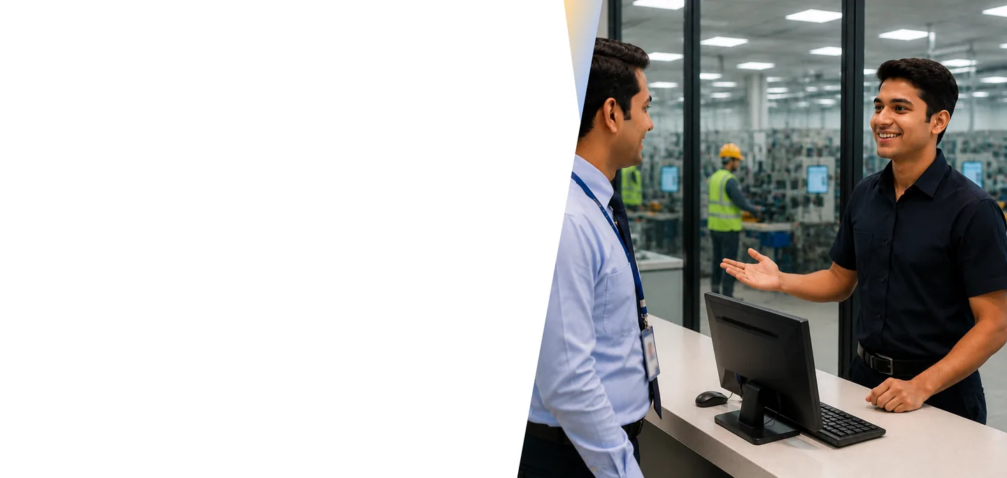 Visitor checking in with a receptionist at a modern workplace front desk with an industrial facility visible in the background