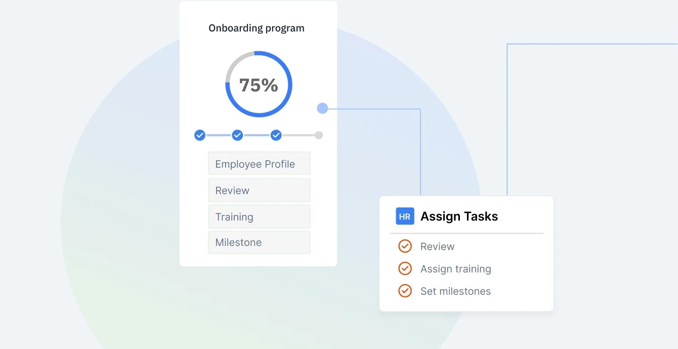 Onboarding program progress with HR task assignment and milestone tracking